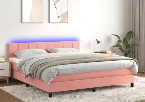 Pat cu arcuri, saltea & LED, roz, 180x200 cm, catifea - 1/5