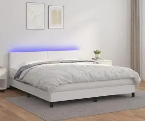 vidaXL Pat cu arcuri, saltea și LED, alb, 160x200 cm, piele ecologică