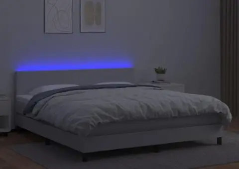 Pat cu arcuri, saltea și LED, alb, 160x200 cm, piele ecologică - 4/5