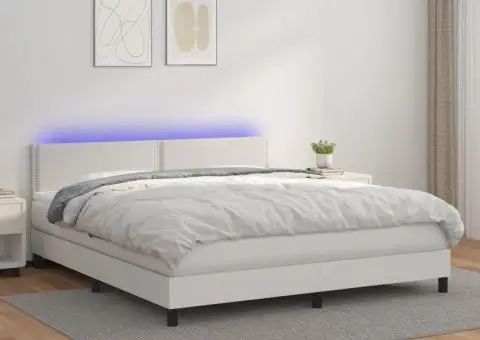 Pat cu arcuri, saltea și LED, alb, 180x200 cm, piele ecologică - 1/5