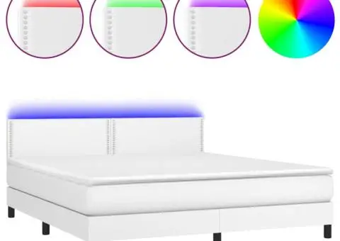 Pat cu arcuri, saltea și LED, alb, 180x200 cm, piele ecologică - 2/5