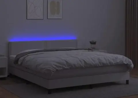 Pat cu arcuri, saltea și LED, alb, 180x200 cm, piele ecologică - 4/5