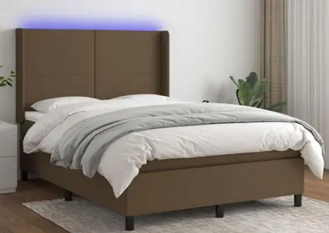 Pat cu arcuri, saltea și LED, maro închis, 140x190 cm, textil - 1/5