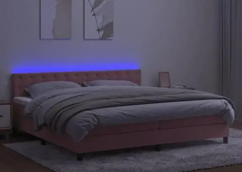 Pat cu arcuri, saltea & LED, roz, 200x200 cm, catifea - 4/5