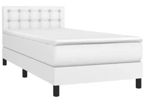 Pat continental cu saltea & LED, alb, 90x200 cm, piele eco - 3/5