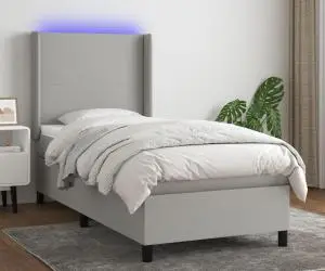 Pat cu arcuri, saltea și LED, gri deschis, 90x200 cm, textil