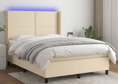 Pat cu arcuri, saltea și LED, crem, 140x200 cm, textil - 1/5