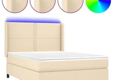 Pat cu arcuri, saltea și LED, crem, 140x200 cm, textil - 2/5