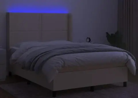 Pat cu arcuri, saltea și LED, crem, 140x200 cm, textil - 3/5