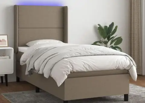 Pat cu arcuri, saltea și LED, gri taupe, 90x200 cm, textil - 1/5