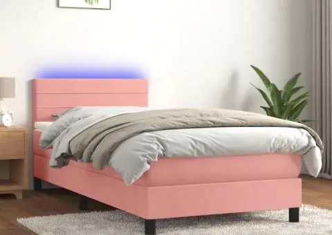 Pat continental cu saltea & LED, roz, 80x200 cm, catifea - 1/5