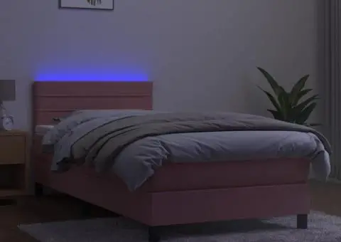 Pat continental cu saltea & LED, roz, 80x200 cm, catifea - 4/5