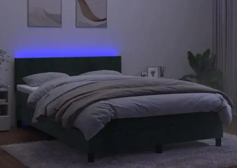 Pat cu arcuri, saltea și LED, verde închis, 140x190 cm, catifea - 4/5