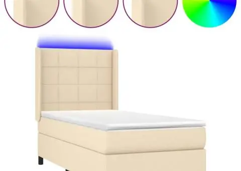 Pat cu arcuri, saltea și LED, crem, 90x190 cm, textil - 2/5