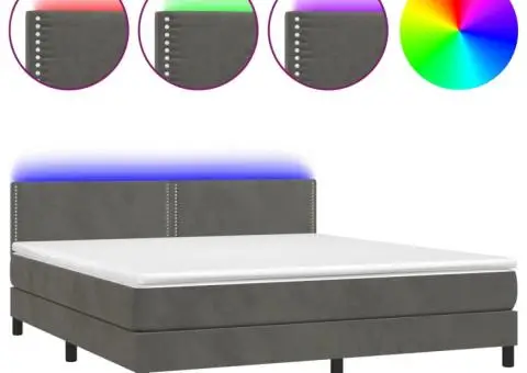 Pat cu arcuri, saltea și LED, gri închis, 180x200 cm, catifea - 2/5