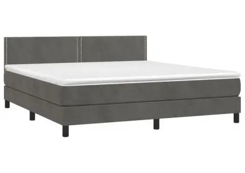 Pat cu arcuri, saltea și LED, gri închis, 180x200 cm, catifea - 4/5