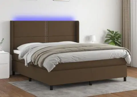 Pat cu arcuri, saltea și LED, maro închis, 180x200 cm, textil - 1/5