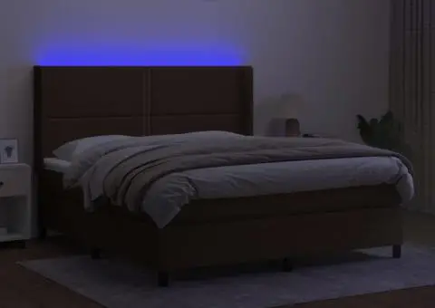 Pat cu arcuri, saltea și LED, maro închis, 180x200 cm, textil - 3/5