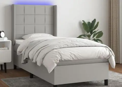 Pat cu arcuri, saltea și LED, gri deschis, 90x190 cm, textil - 1/5