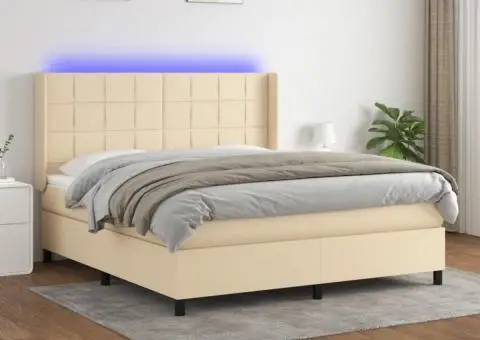 Pat cu arcuri, saltea și LED, crem, 160x200 cm, textil - 1/5