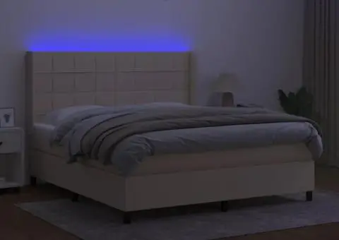 Pat cu arcuri, saltea și LED, crem, 160x200 cm, textil - 3/5