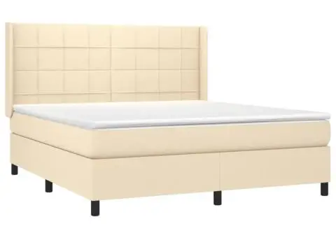 Pat cu arcuri, saltea și LED, crem, 160x200 cm, textil - 4/5