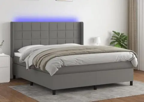 Pat cu arcuri, saltea și LED, gri închis, 160x200 cm, textil - 1/5