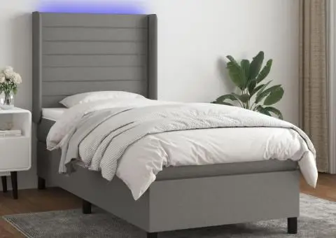 Pat cu arcuri, saltea și LED, gri închis, 90x200 cm, textil - 1/5