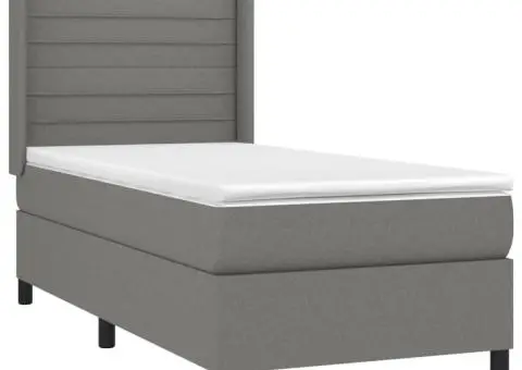 Pat cu arcuri, saltea și LED, gri închis, 90x200 cm, textil - 4/5