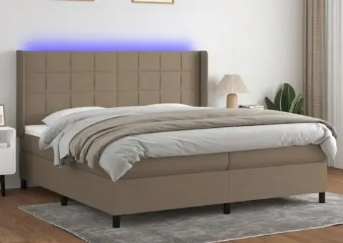 Pat cu arcuri, saltea și LED, gri taupe, 200x200 cm, textil - 1/5