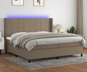 vidaXL Pat cu arcuri, saltea și LED, gri taupe, 200x200 cm, textil