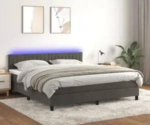 vidaXL Pat cu arcuri, saltea și LED, gri închis, 180x200 cm, catifea