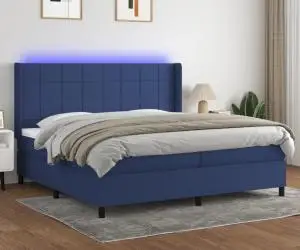 vidaXL Pat cu arcuri, saltea și LED, albastru, 200x200 cm, textil