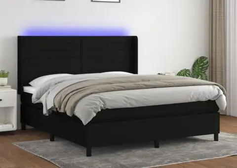 Pat cu arcuri, saltea și LED, negru, 180x200 cm, textil - 1/5