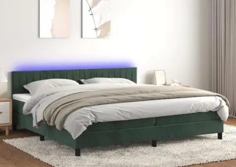 Pat cu arcuri, saltea și LED, verde închis, 200x200 cm, catifea - 1/5