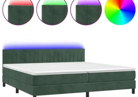 Pat cu arcuri, saltea și LED, verde închis, 200x200 cm, catifea - 2/5