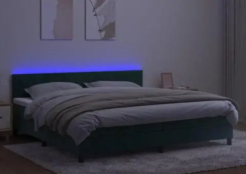 Pat cu arcuri, saltea și LED, verde închis, 200x200 cm, catifea - 4/5