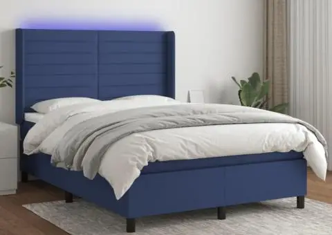 Pat cu arcuri, saltea și LED, albastru, 140x200 cm, textil - 1/5