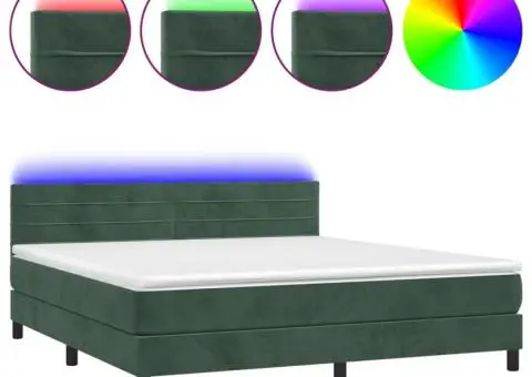 Pat cu arcuri, saltea și LED, verde închis, 160x200 cm, catifea - 2/5