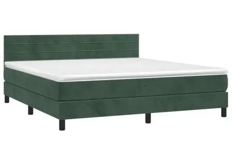 Pat cu arcuri, saltea și LED, verde închis, 160x200 cm, catifea - 3/5