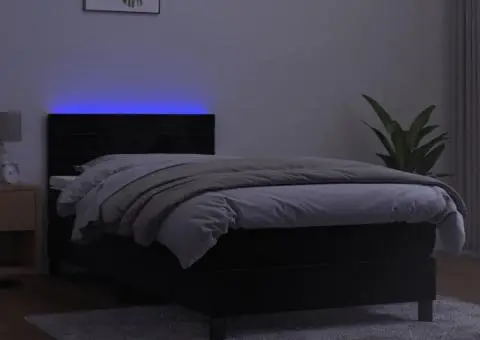 Pat cu arcuri, saltea și LED, negru, 90x200 cm, catifea - 4/5