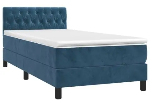 Pat cu arcuri, saltea și LED, bleumarin, 90x190 cm, catifea - 3/5