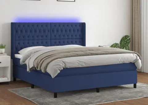 Pat cu arcuri, saltea și LED, albastru, 160x200 cm, textil - 1/5