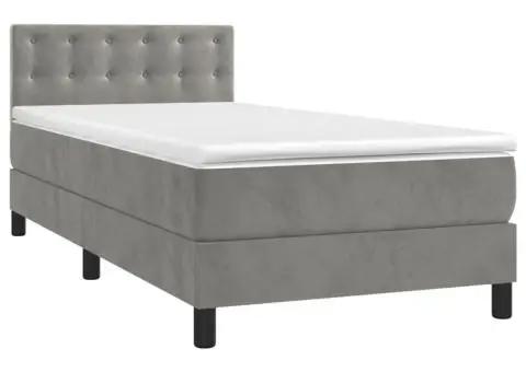 Pat cu arcuri, saltea și LED, gri deschis, 90x200 cm, catifea - 3/5