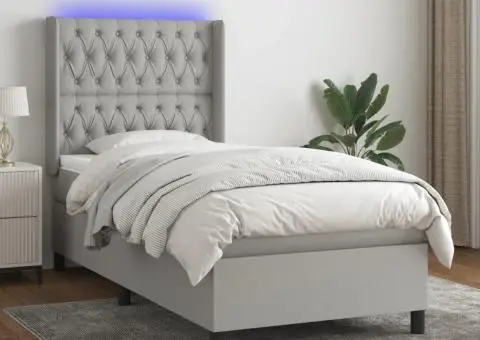 Pat cu arcuri, saltea și LED, gri deschis, 100x200 cm, textil - 1/5