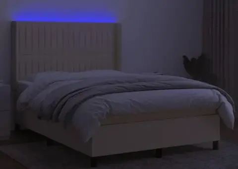 Pat cu arcuri, saltea și LED, crem, 140x190 cm, textil - 3/5