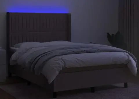 Pat cu arcuri, saltea și LED, gri taupe, 140x200 cm, textil - 3/5