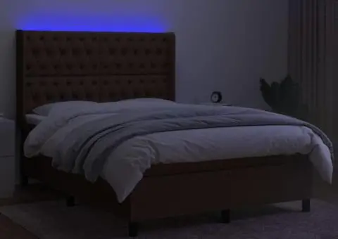 Pat cu arcuri, saltea și LED, maro închis, 140x190 cm, textil - 3/5