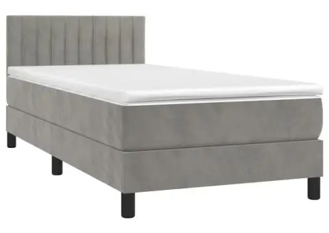 Pat cu arcuri, saltea și LED, gri deschis, 90x190 cm, catifea - 3/5