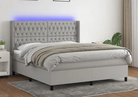 Pat cu arcuri, saltea și LED, gri deschis, 160x200 cm, textil - 1/5